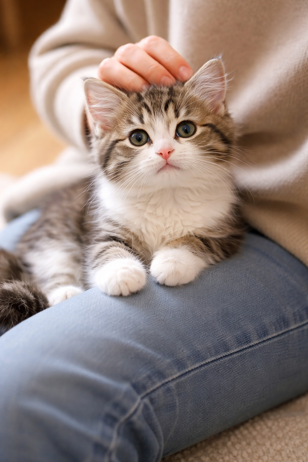 猫のみくが、膝の上でくつろいでいる様子